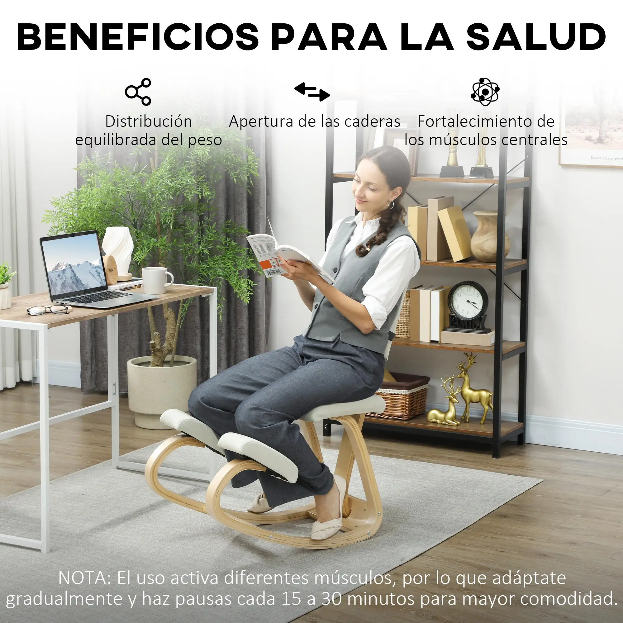 Chaise ergonomique à genouillères crème avec dossier en bois de bouleau 51x93x84cm fonction d'équilibre pour bureau et télétravail
