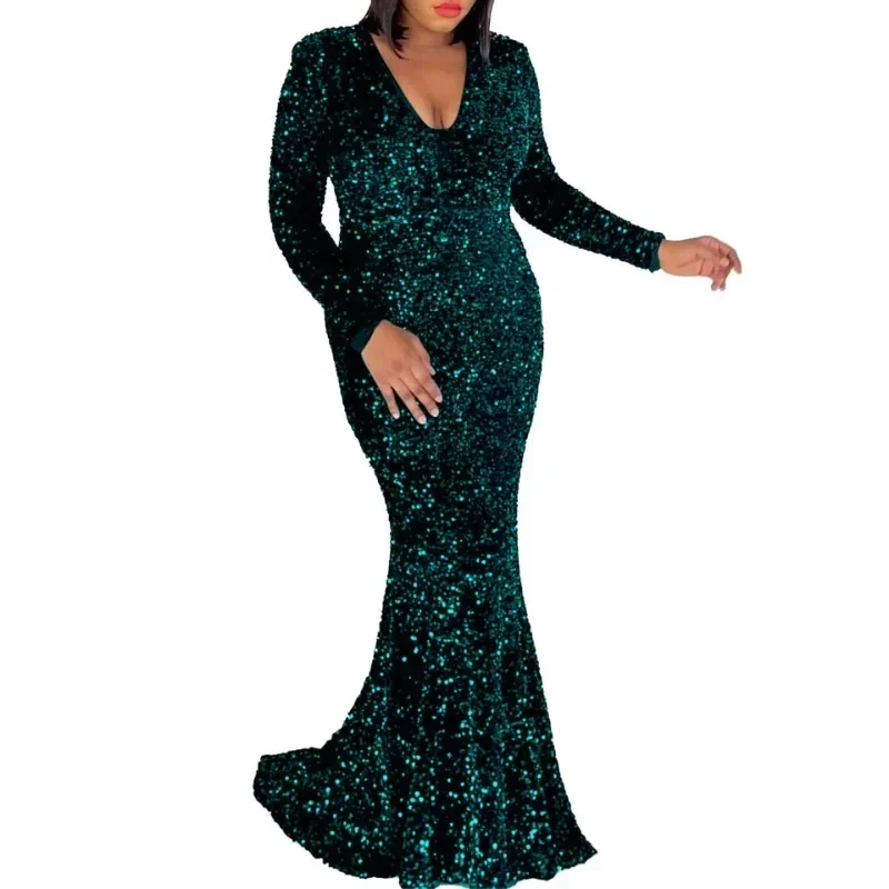 Sequin African Party Evening Dresses for Women Autumn African Long Sleeve V-neck Long Maxi Dress Gowns Dashiki Africa Clothing