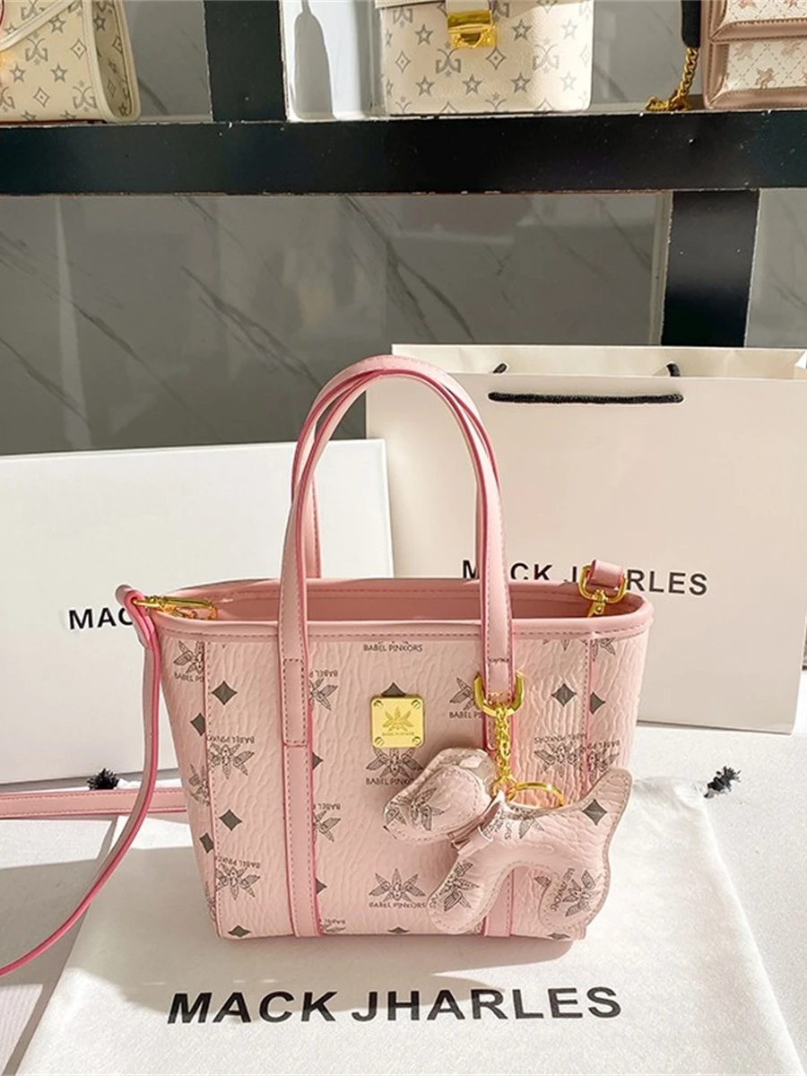 

Pink and Luxury Bucket Bag with Charming Decoration Printing and Pendant Women's Cute Versatile Shoulder Crossbody Bag