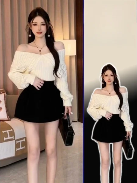 

Shoulder Bared Knitted Sweater High Waist Skirt One Word Collar Design Spring Autumn New Style Women Fashion Set