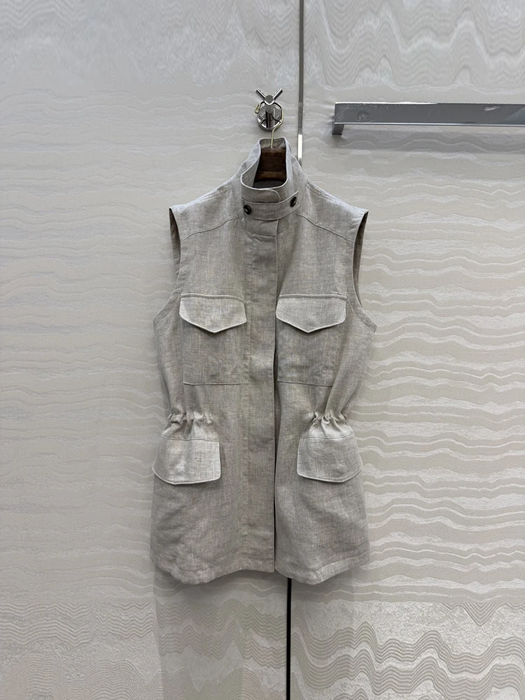 Spring Summer Fashion White Long Style Casual Waistcoat Women's Stand Collar Sleeveless Multi Pocket Elastic Waist Jackets