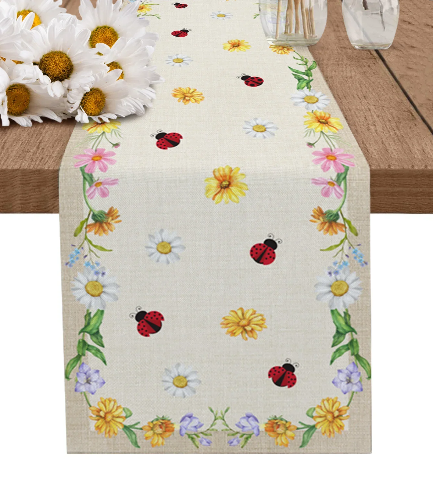 Summer Daisy Ladybug Linen Table Runner Kitchen Table Decoration Farmhouse Reusable Dining Table Cloth Wedding Party Decor