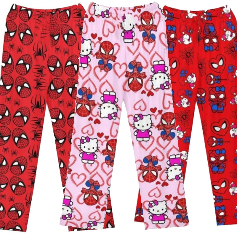 Hello Kitty Spider-man pantalones de pijama sueltos de algodón para mujer pantalones de pijama parejas pijamas a juego pantalones de verano pantalones para dormir