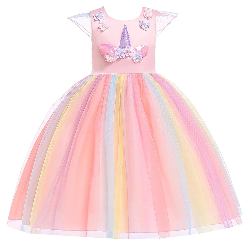 Vestido de unicornio para niña, vestido de fiesta elegante con apliques de flores, disfraces de princesa