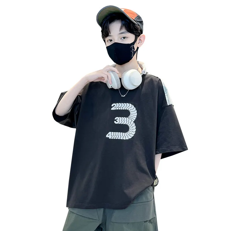 

Boys Short Sleeve T-Shirt Summer Children Cotton Fashion Letter Print Baby Kids Boy Loose Clothes Thin Sport Tops Tees 5-14Years