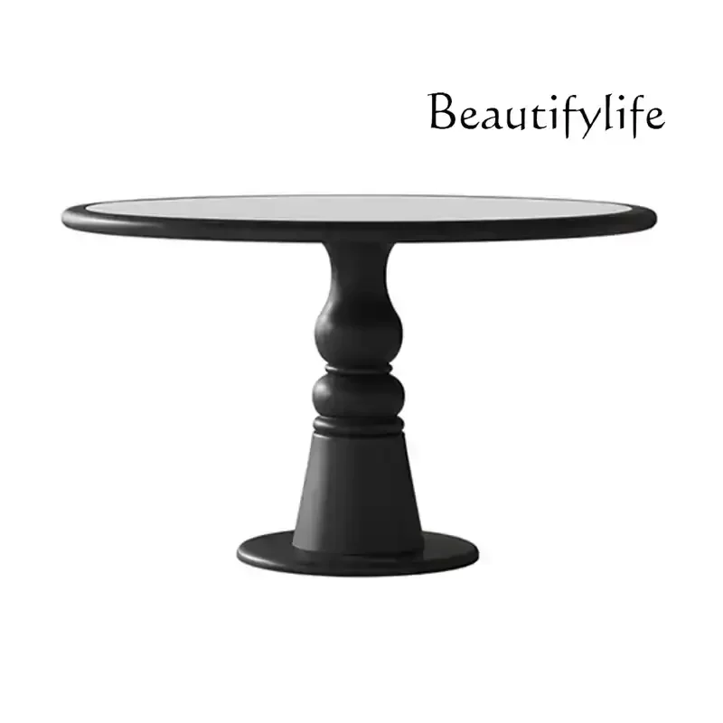 Retro cream style round dining table household with turntable Italian simple black rock slab round table