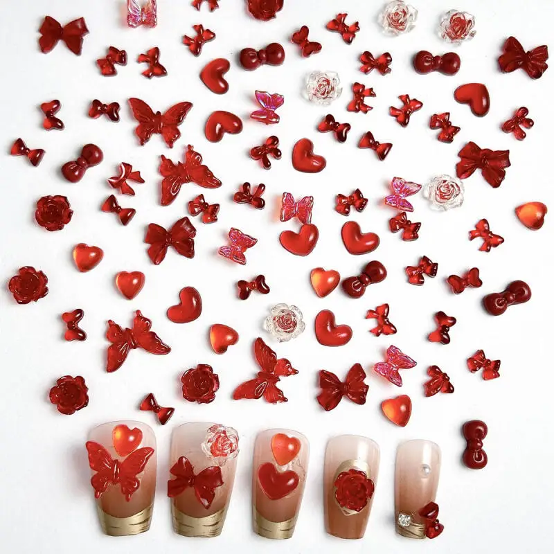 Solid Color Bows Heart Mixed Nail Art Charms 3D Jelly Red Series Butterfly Camellia Nail Decorations for DIY Hairpin Nail Crafts