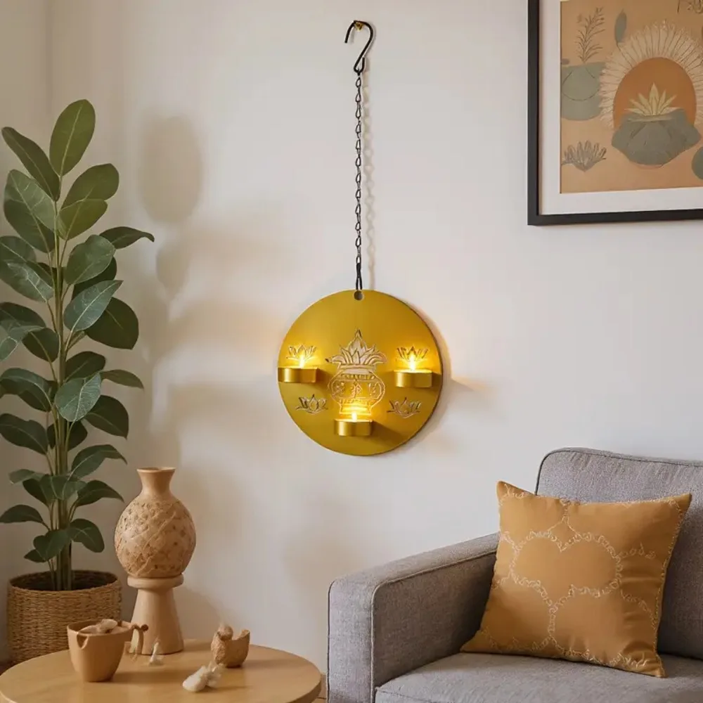 

Luxury Metal Diya Lamp - Golden/Black/Golden-Yellow - Heavy-Duty Candle Holder with Hanging Loop - Elegant Deepa Lamp