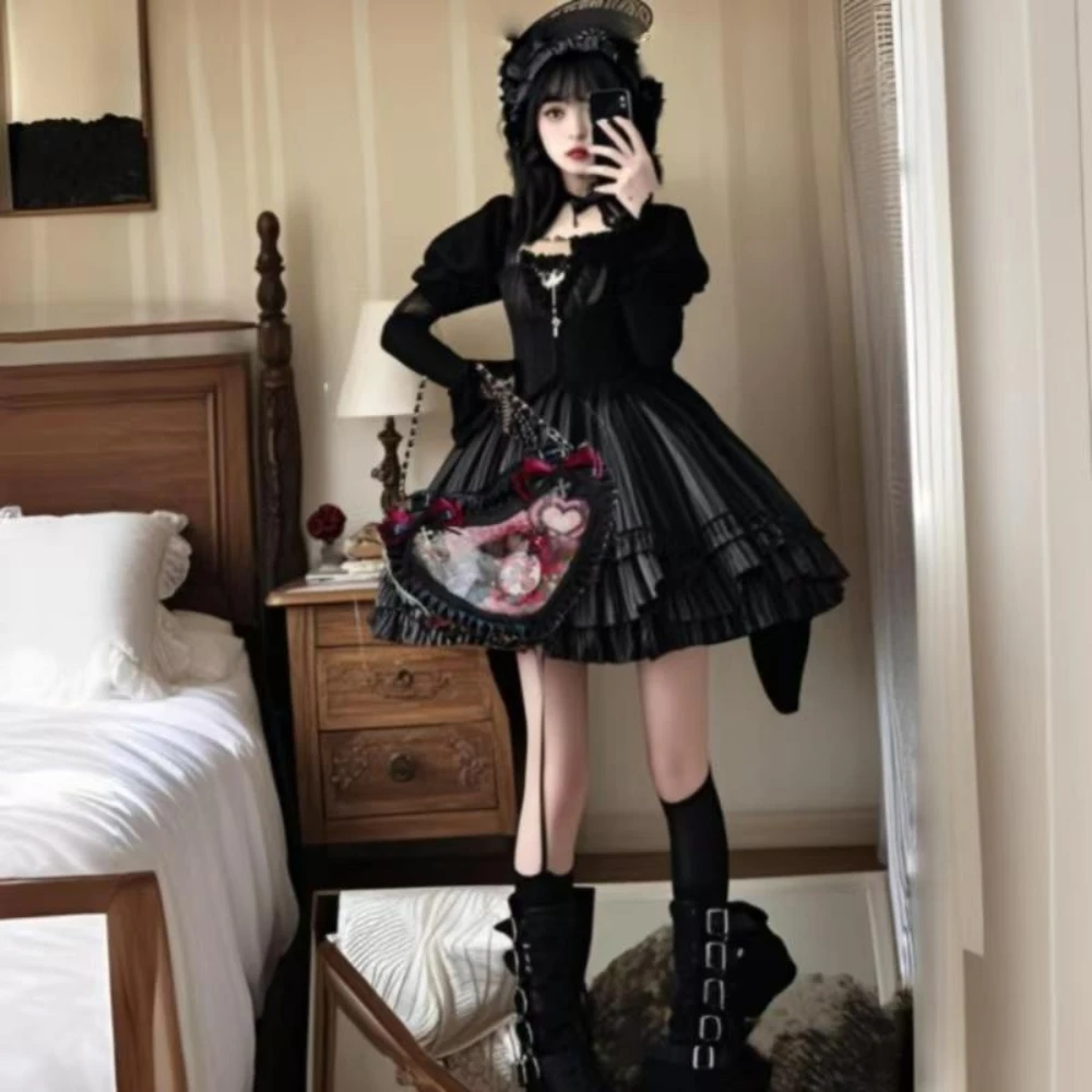 Lolita Pink Shoulder Crossbody Bags Pearl Chain Japanese Transparent Itabag Kawaii Love JK Bags Handbag Lace Women's