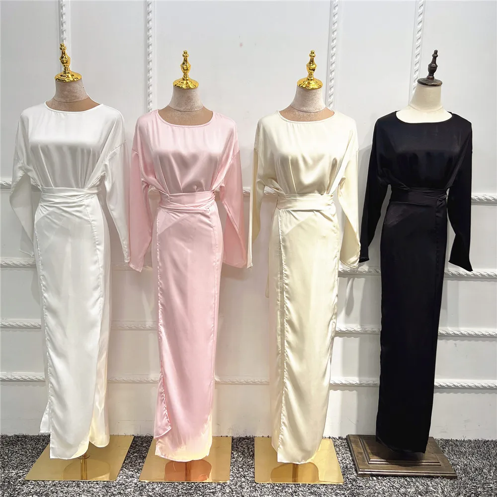 

Muslim Women Satin Long Sleeve Underdress Abaya Maxi Dress Dubai Turkey Kaftan Islamic Clothing Ramadan Eid Kaftan Robe Jalabiya