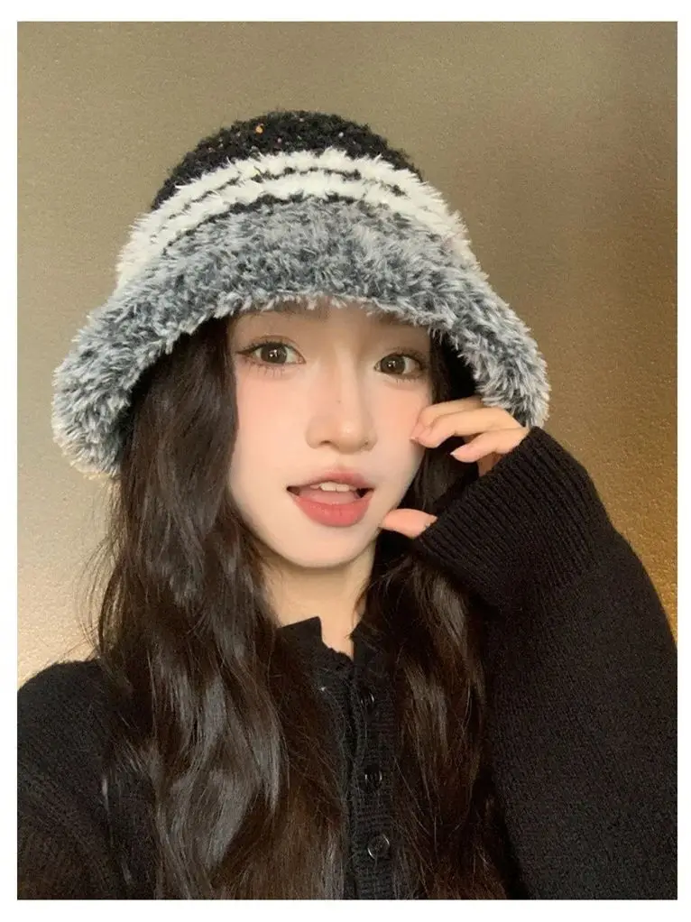 Colourful Knitted Hat Women Korea Autumn Winter Warm Dopamine Warm Fisherman's Hat Thickened Bucket Hat Furry Outdoor Cute Ski