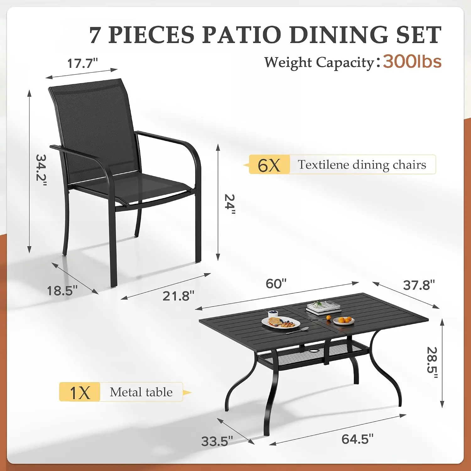 7-Piece Patio Dining Set with 6 Textilene Chairs & 1 Steel Slat Table for Lawn Garden Deck, Customized