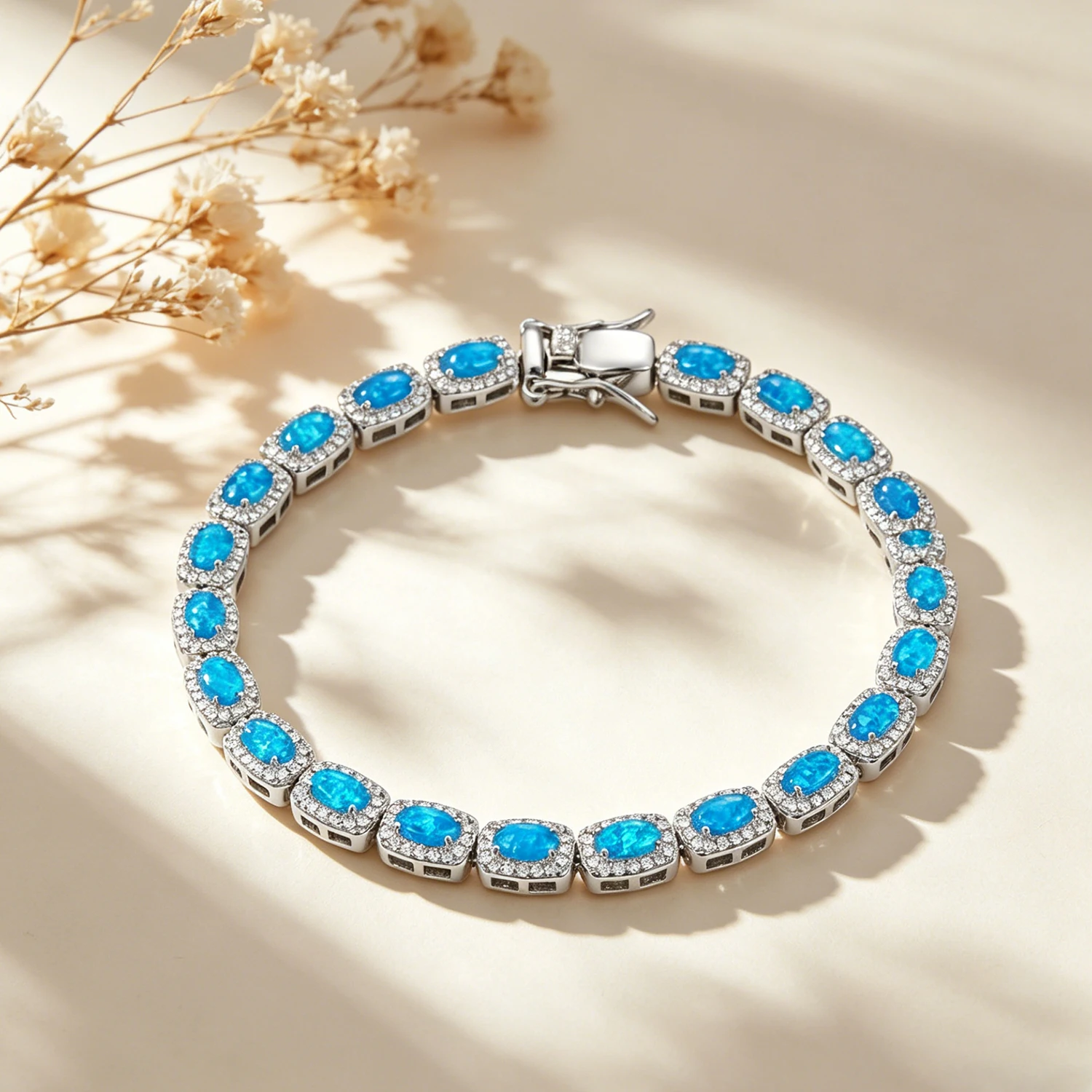 Perfect Gift for Her,Silver Toned Oval Opal  Sparkling Zirconia Halos,Ideal for Anniversaries Elegant Blue Opal Zircon Bracelet