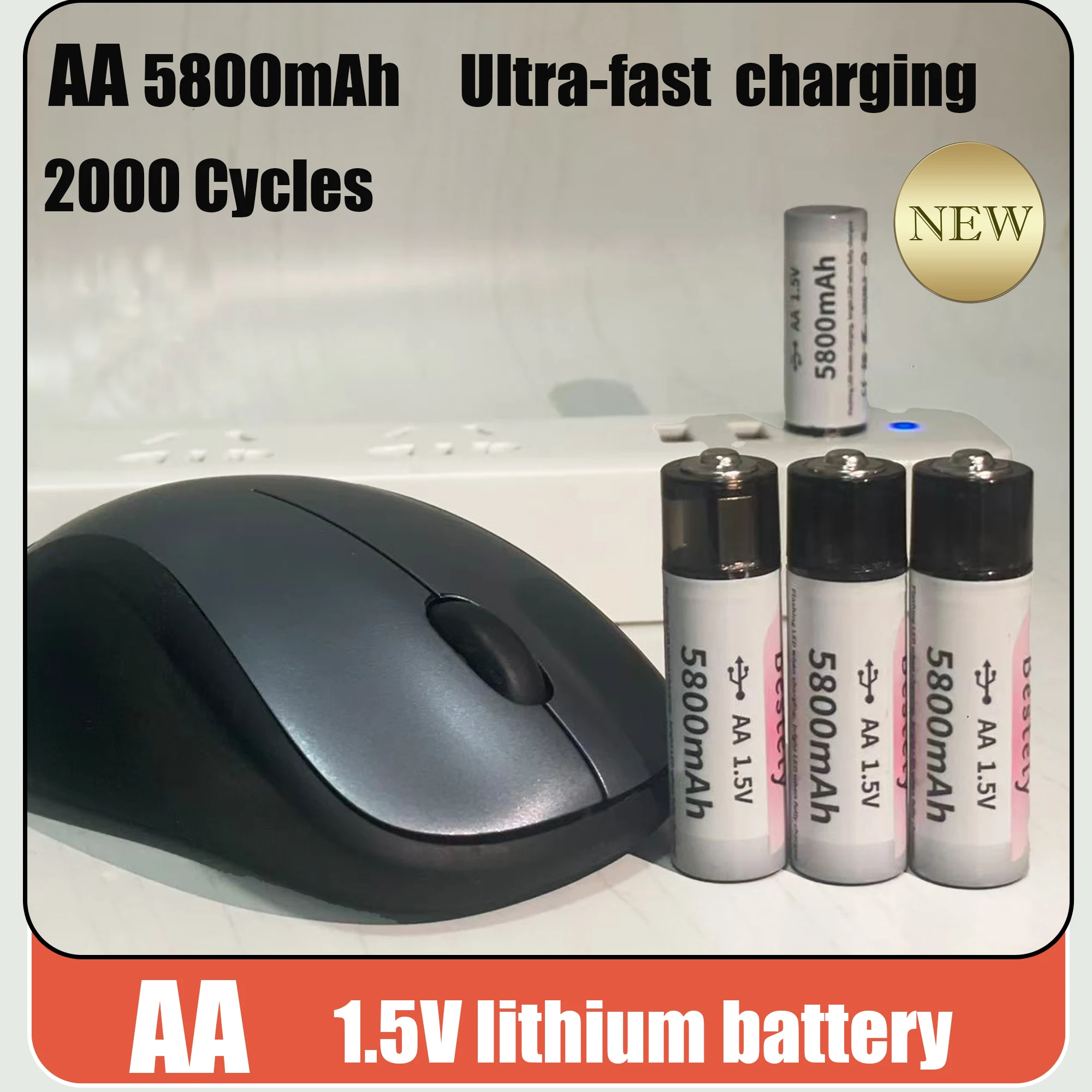 1.5V  USB Rechareable AA Lithiugm  Battery, 2025 New High capacity 5800mAh Fast charging controller for mice