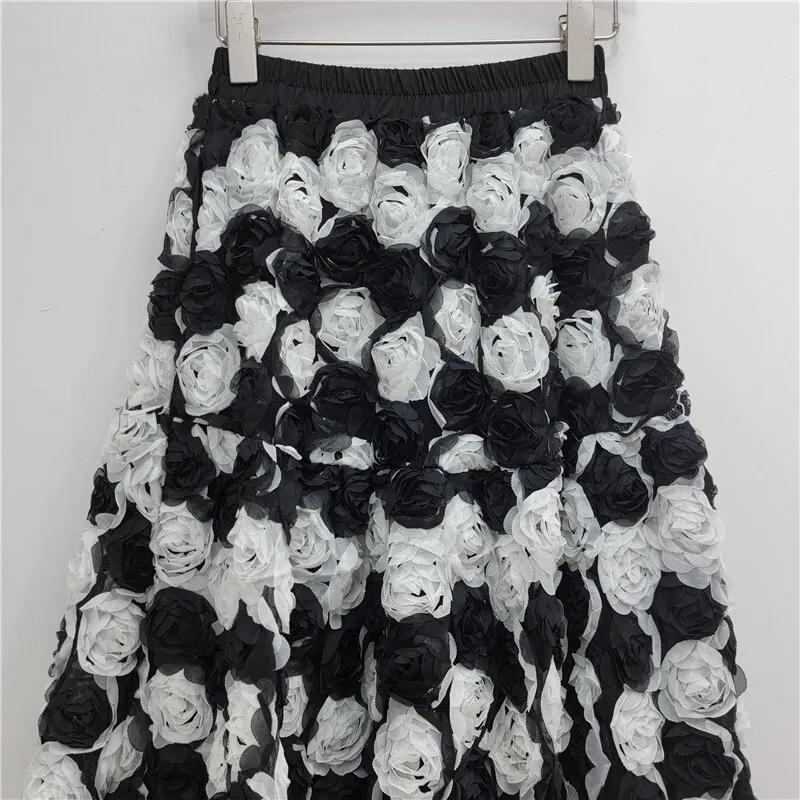 WTHT Trendy Fashion Women's Spliced Contrast Color 3D Flower A-line Long Skirts 2025 Autumn New High Waist Skirt Female 1LS2691