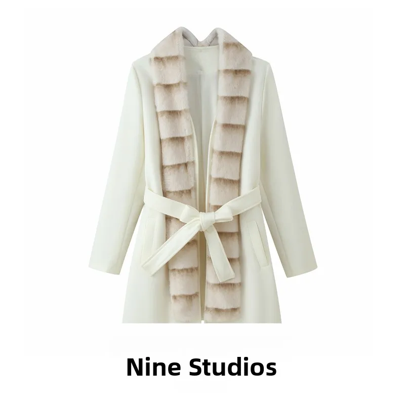 

NINE ZAR Women's Long Loose Woolen Jaet Coat Casual Fur Collar Decorated with Belt Summer 2025 Polyester Fiber