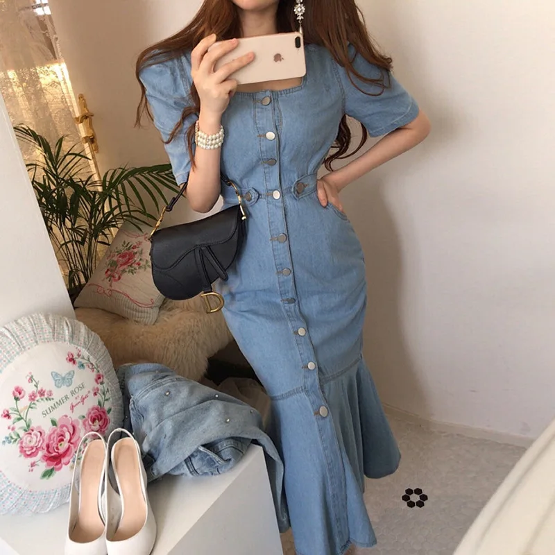 Sexy Elegant Denim Mermaid Dress Women Tight Square Collar Bodycon Mini Dress 2024 Summer Casual Short Puff Sleeve Cottagecore