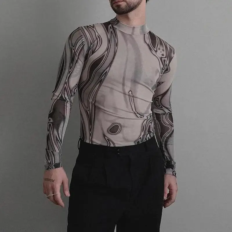 New Skinny Sexy Men's Bottom Shirt Fashion Trend Versatile Printed Slim Top Turtleneck T-Shirt Bottom