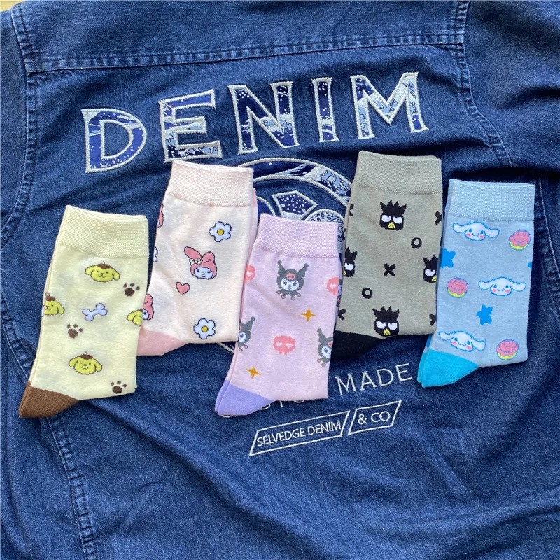 Fashion Sanrio Socks Kawaii Hello Kitty Kuromi Cinnamoroll Cartoon Kawaii Student Stockings Cute Girls Cotton Home Warm Socks