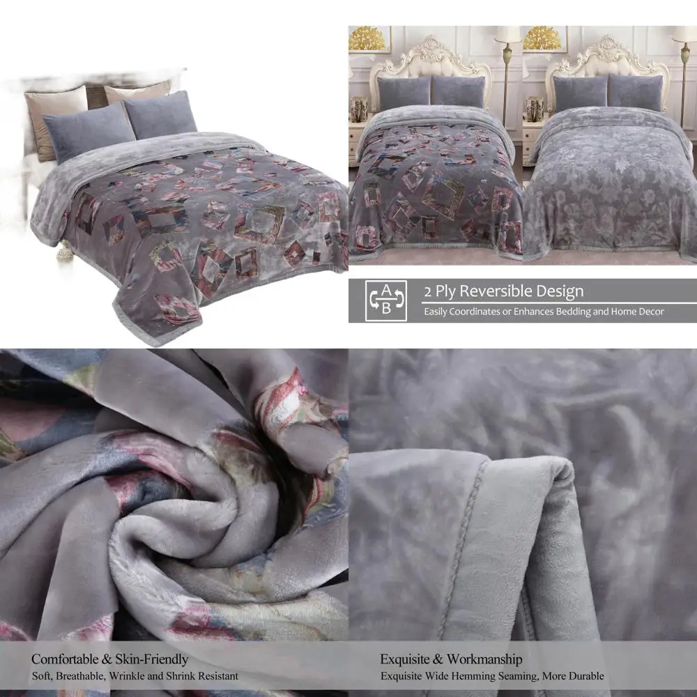 

Плед корейского стиля из искусственного меха норки, размер King Size, 87 x 94 дюйма, 10,5 фунтов, толстый и теплый, двухслойный с принтом A&B, серый