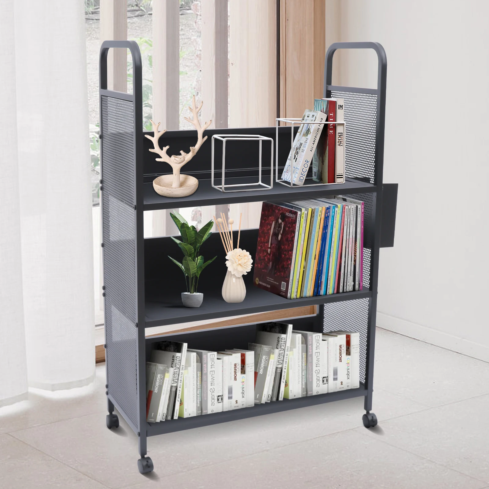 3 Flat Shelves Mobile Rolling Book Truck Library Storage Cart with Swivel Lockable Casters Black