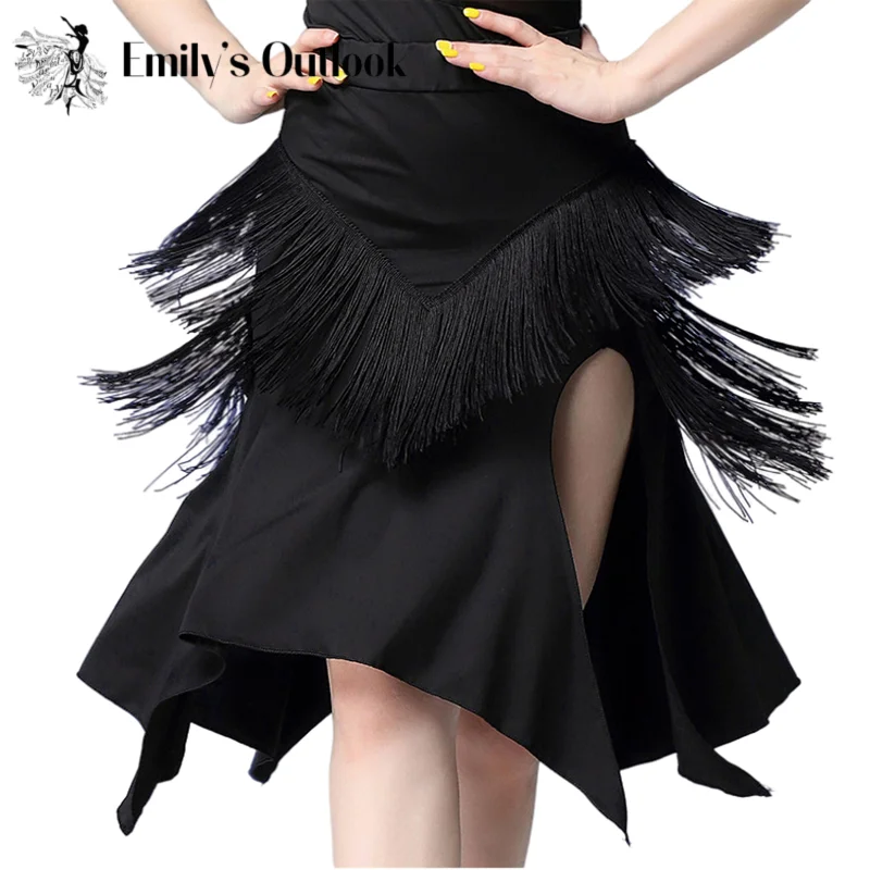 Sexy Women Latin Skirt Tango Rumba Dancewear Ballroom Fringe Tassels with Shorts Inside Cheap Plus Size Black Red Solid Color