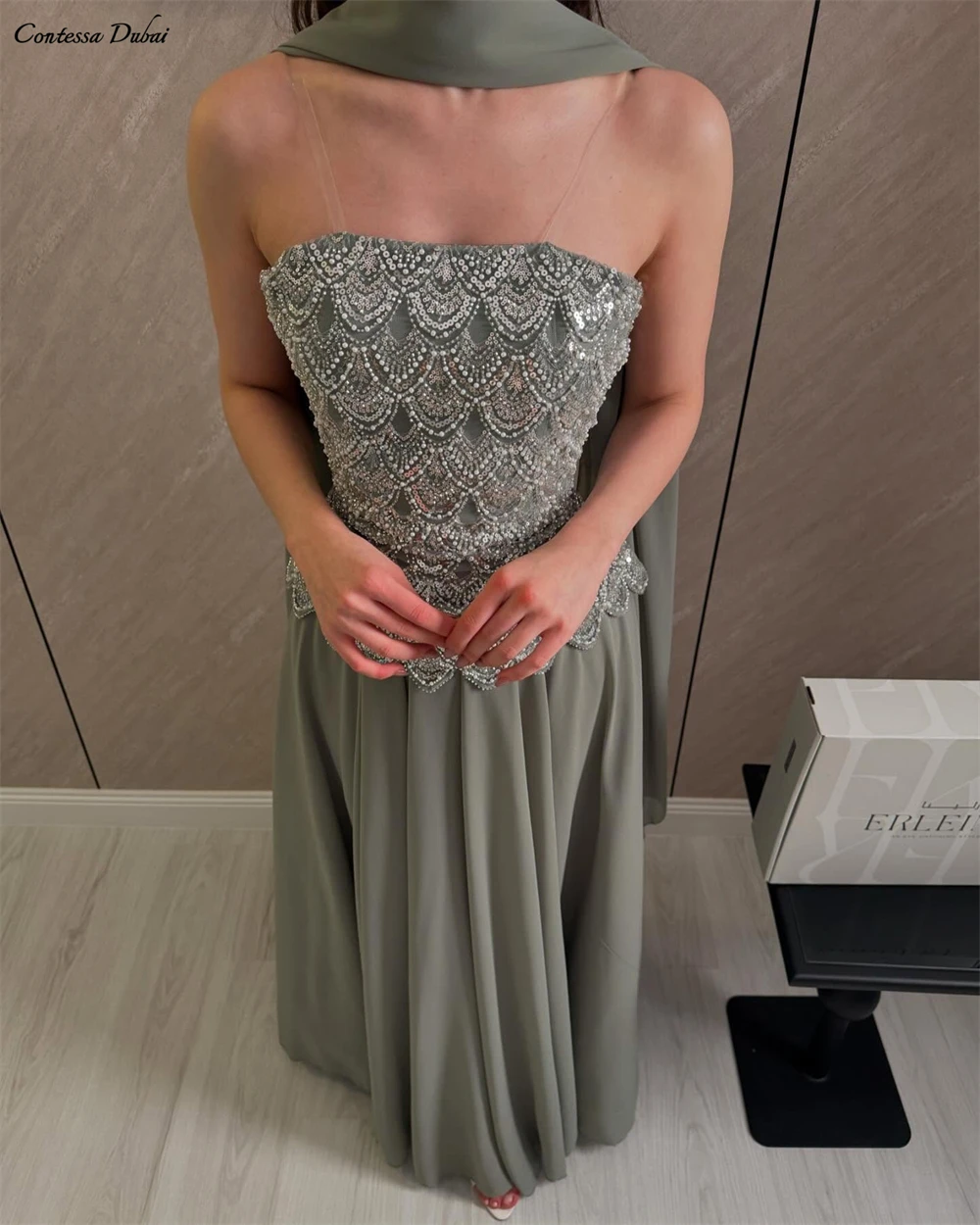 

Вечернее платье Contessa Custom Classic без бретелек с бисерным лифом, цвета шалфей, с накидкой-шалью, для подружек невесты, макси, в пол