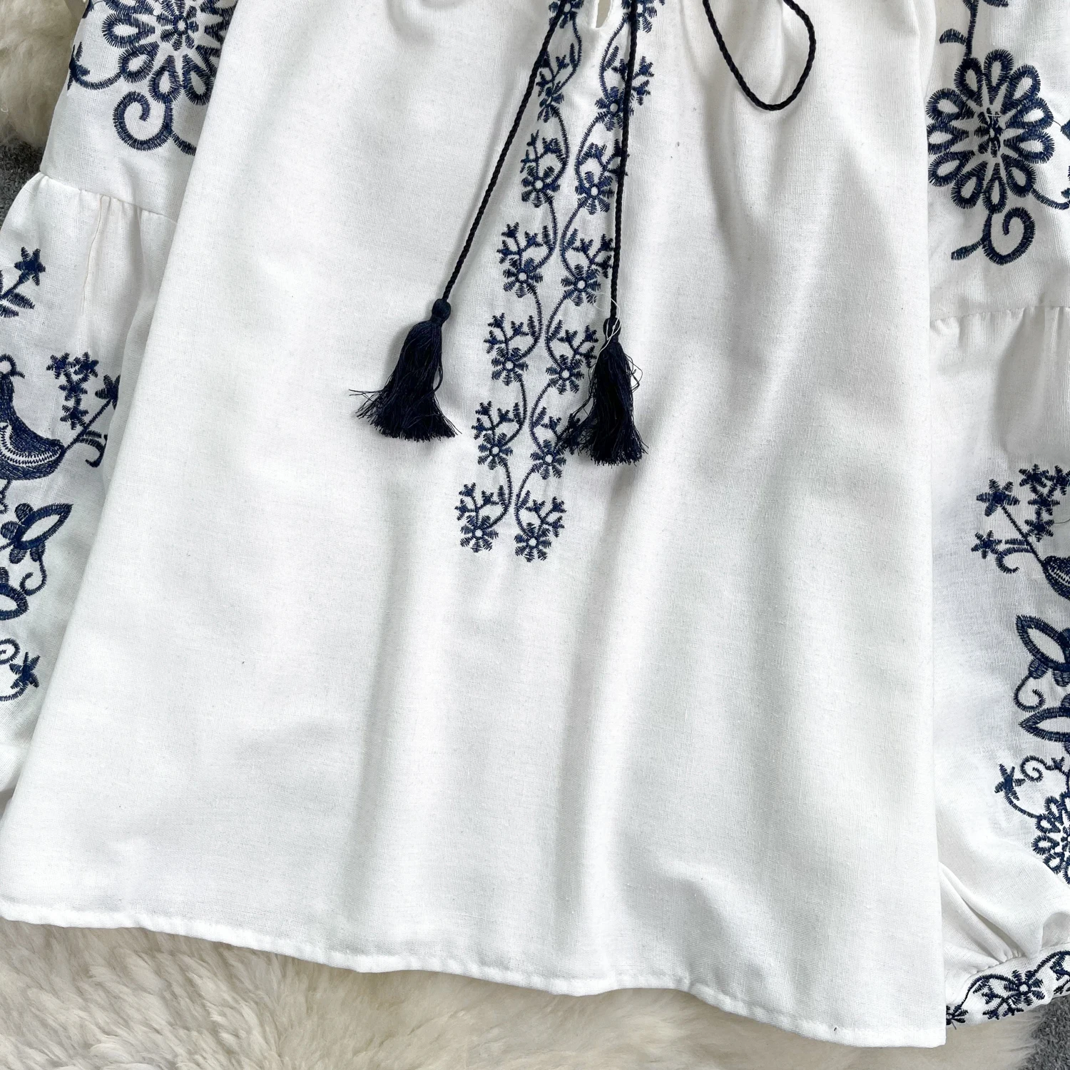 Damen-Bluse im Vintage-Ethno-Stil, Rundhalsausschnitt, lange Ärmel, bestickt, Baumwolle, Hanf, Pullover, lässiges Oberteil für den Herbst