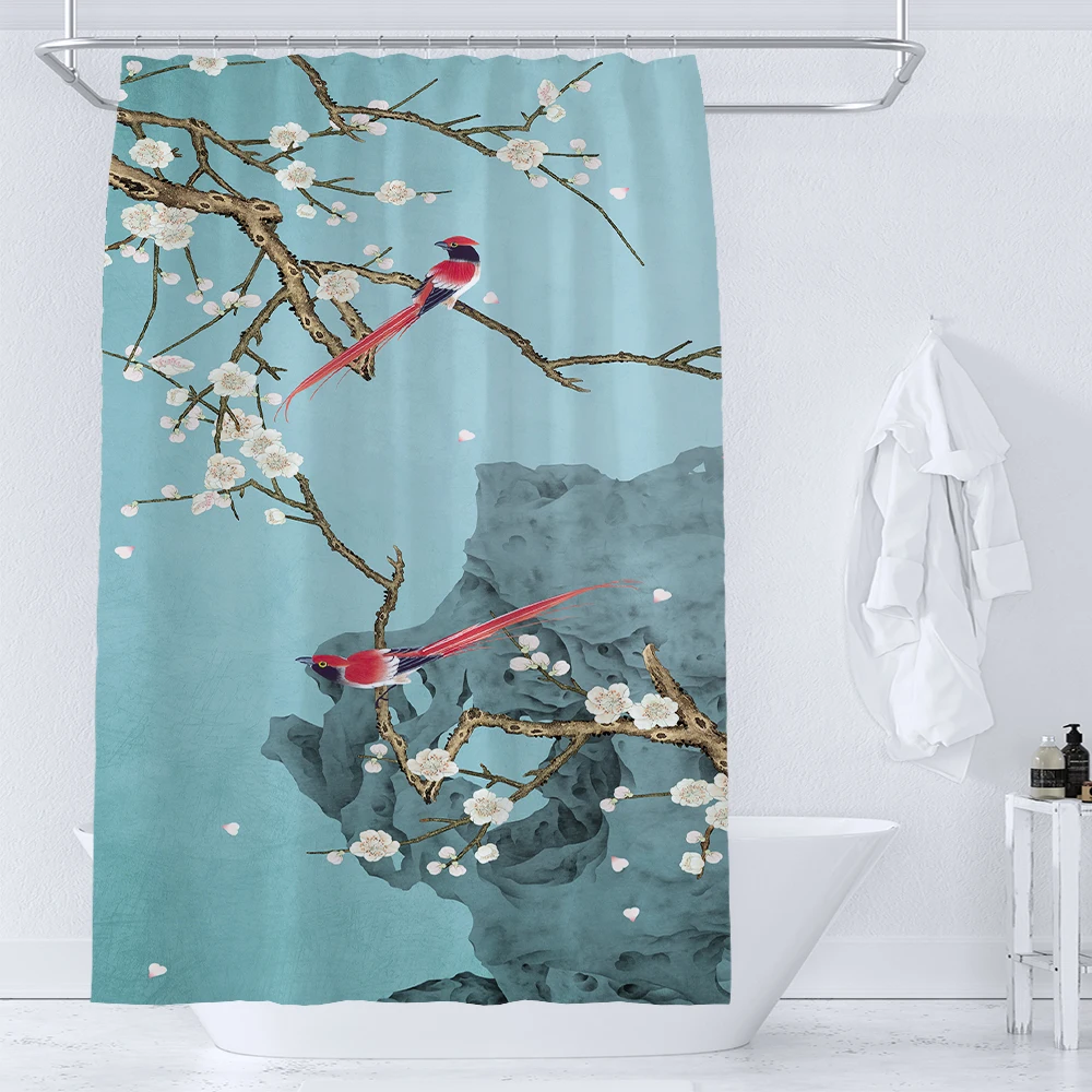 Watercolor Floral and Birds Floral Shower Curtain with Hooks - Waterproof and Minimalist Design for Bathroom Home Decor Curtain