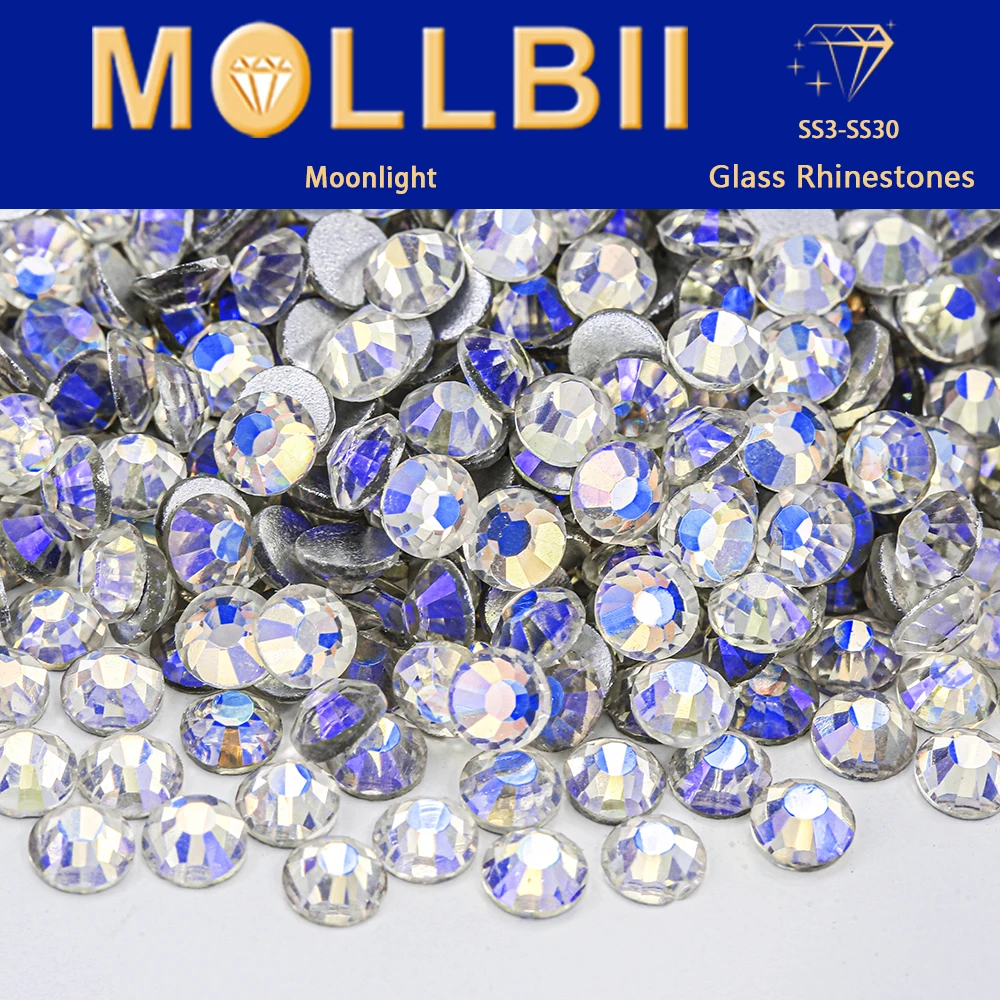 

MollBii 1440pcs Glitter Non-Hotfix Glue On Rhinestones SS3-SS30 Blue Moonlight Crystal AB Flatback for Nail Art & Bridal Decor