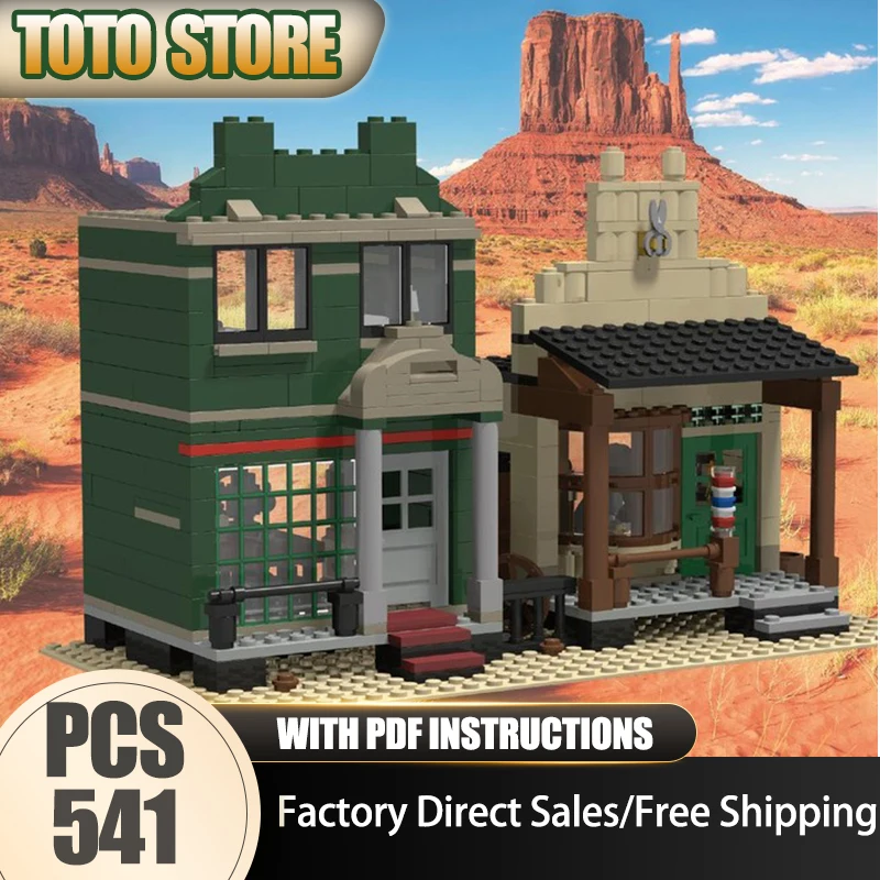 

Moc Building Bricks Западный парикмахер и портновский магазин Модель Технология Вид на улицу города Блок-игрушка DIY Сборка Рождественский подарок