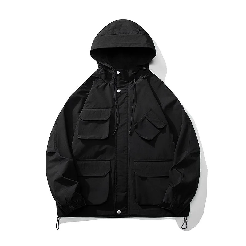 Autumn and Spring Fashion Solid Color Outdoor Sports Multi-pocket Workwear Jacket Men's Casual Loose High-quality Hooded Coat