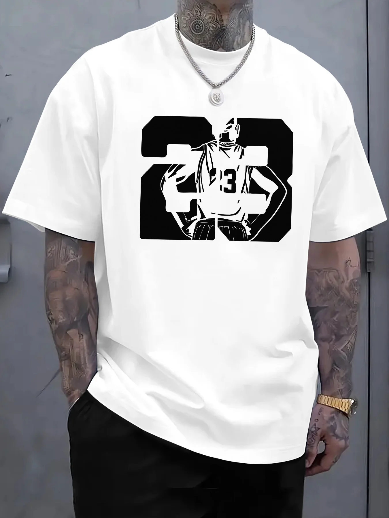 Men's Summer Popular Fashion Versatile Star 23 Printed Short-sleeved T-shirt, High-end Comfortable Casual Elastic Crew Neck Top Popular Short-sleeved Trendy Top
