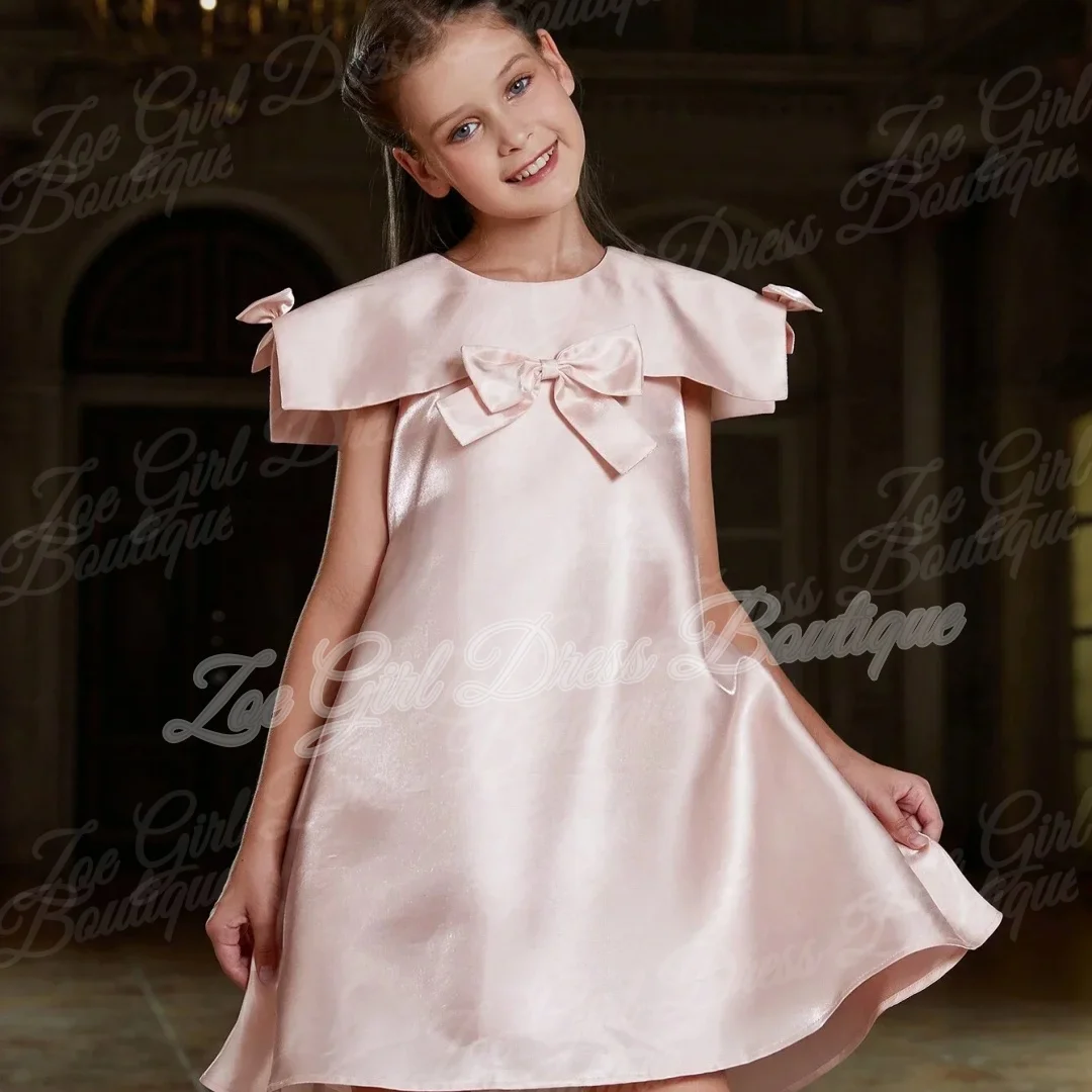 Light Pink Satin Sleeveless Multi Bows Decorated Flower Girl Dresses Wedding Communion Gown Elegant Formal Dress Customizable