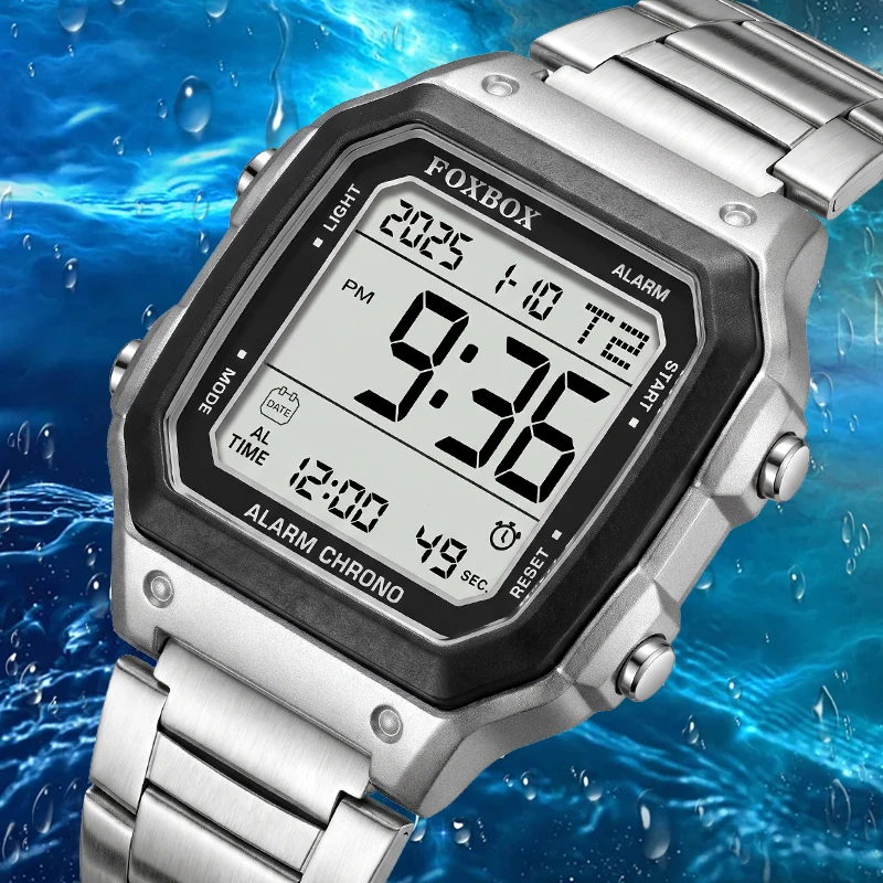 FOXBOX Electronic Man Watch Square Casual Sport Military Wristwatches Waterproof Stainless Steel Band Alarm Digital Watches Male