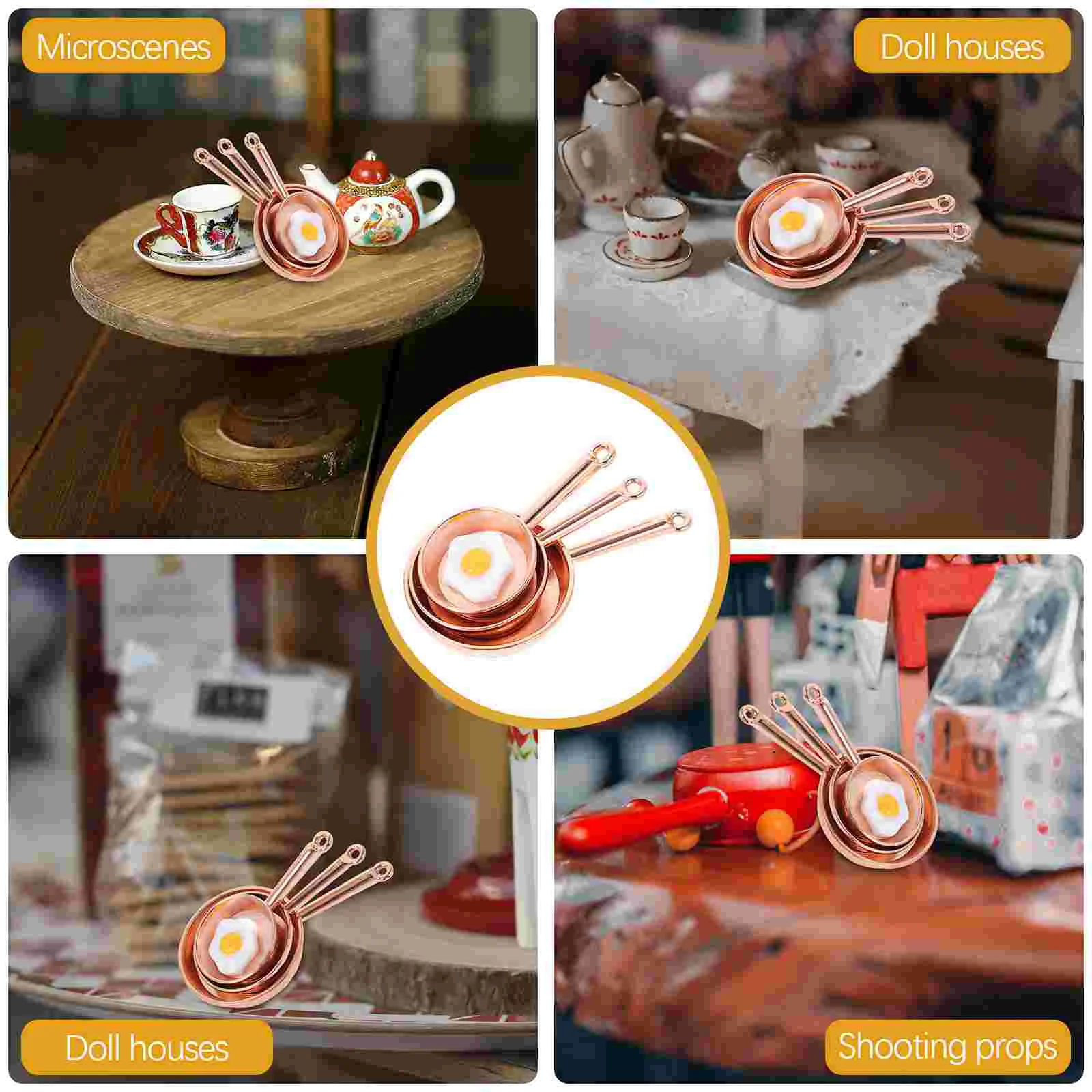 

4pcs Miniature Frying Pans Golden Skillets House Accessories Realistic Kitchen Decor Toy Metal Mini Home Decor Simulation