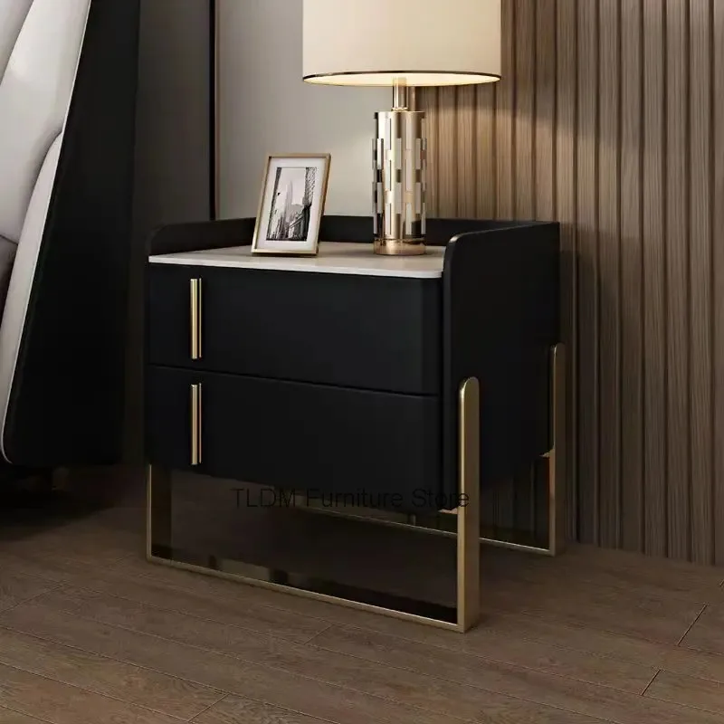 Modern Marble Top Nightstand Long Metal Pull Handle Hollow Metal Frame Anti-drop Side Panel Storage Bedside Cabinet