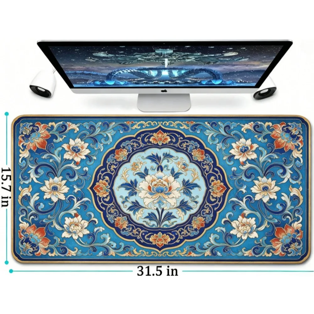 Special Chinese Traditional Enamel Style Large Mouse Pad Floral Pattern Desk Mat Anti-Slip Rubber Base for Office Home PC ac