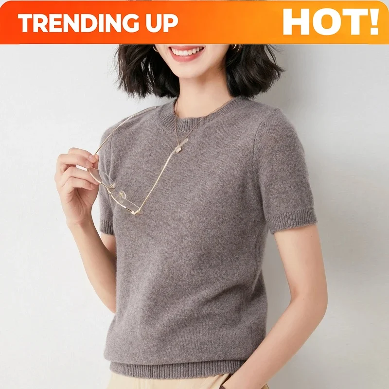 Customization High Quality New Women O Neck Short Sleeve Delicate Cashmere Wool Sweater Soft Basic Pullover Solid Color T-Shirts