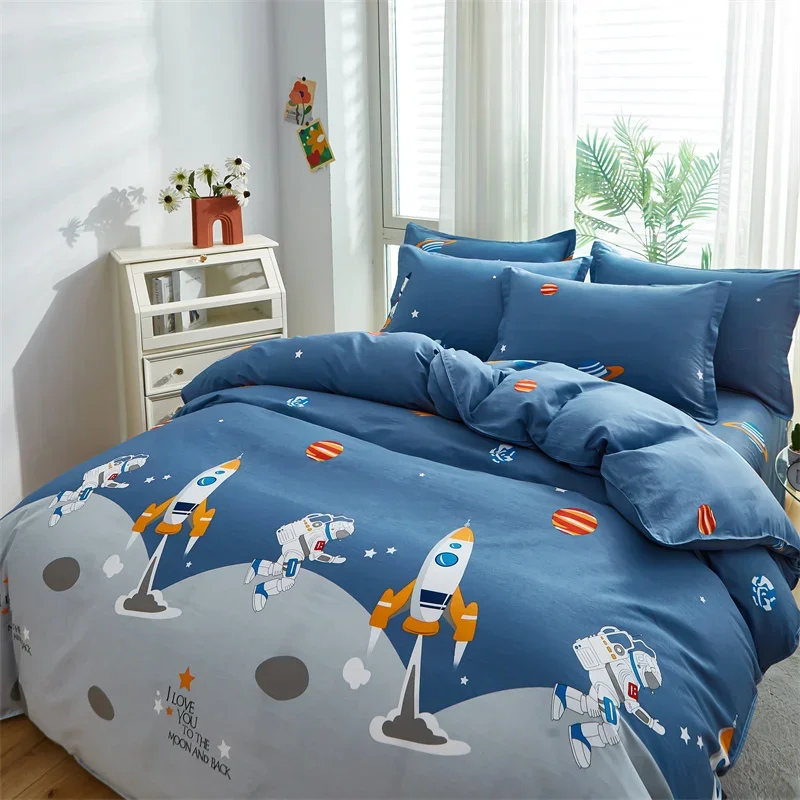 Cartoon Astronaut Duvet Cover Twin King Cotton Space Explorer Theme Bedding Set Star Rocket Print Quilt Cover With 2 Pillow Sham