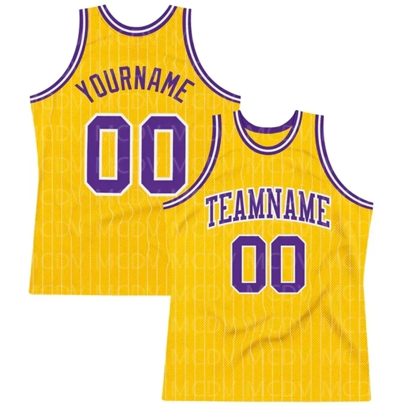 

Custom Gold White Pinstripe Purple Authentic Basketball Jersey 3D Print Team Name Number Vest Game Practice Clothes Adult/Youth