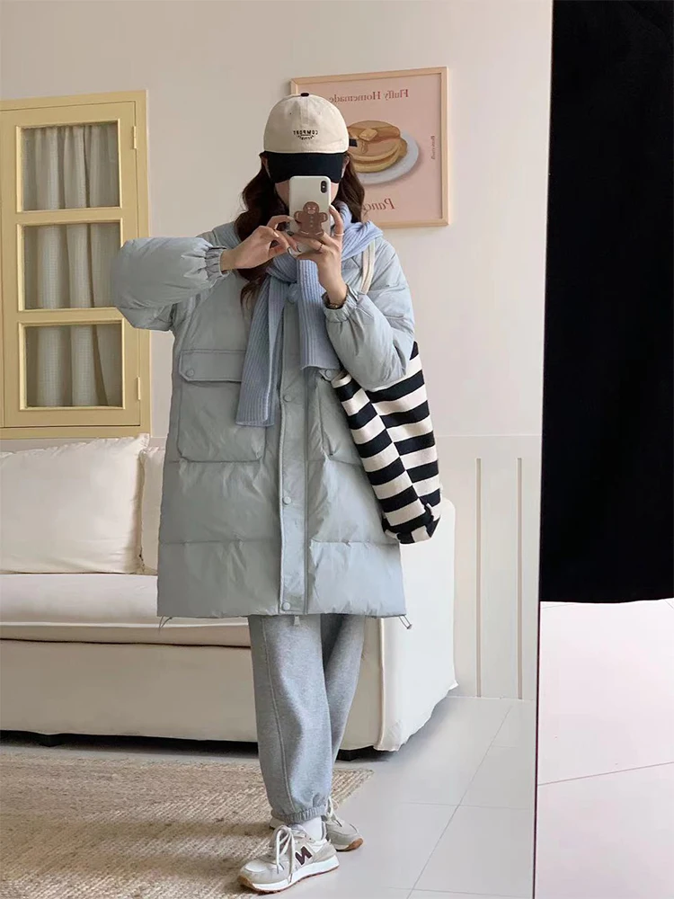 Women\'s Winter Coats Long Hooded Splicing Down Jacket White Duck Down Jacket Knitting Scarf Casual Thick Warm Loose Outwear