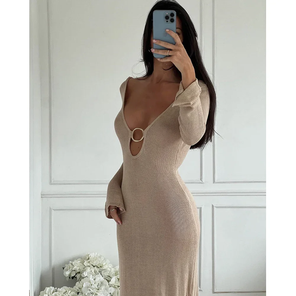 Elegant Sexy Backless Flared Sleeves Maxi Dress Women's Fashion O-neck Knitted Cover Up Beachwear 2024 Vacation Evening Robes