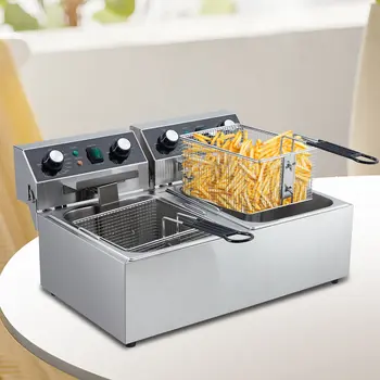 商用電炸鍋,雙缸不銹鋼炸鍋,帶炸籃和鍋蓋,家用廚房台式炸鍋 10 best sales 油炸機 - №6