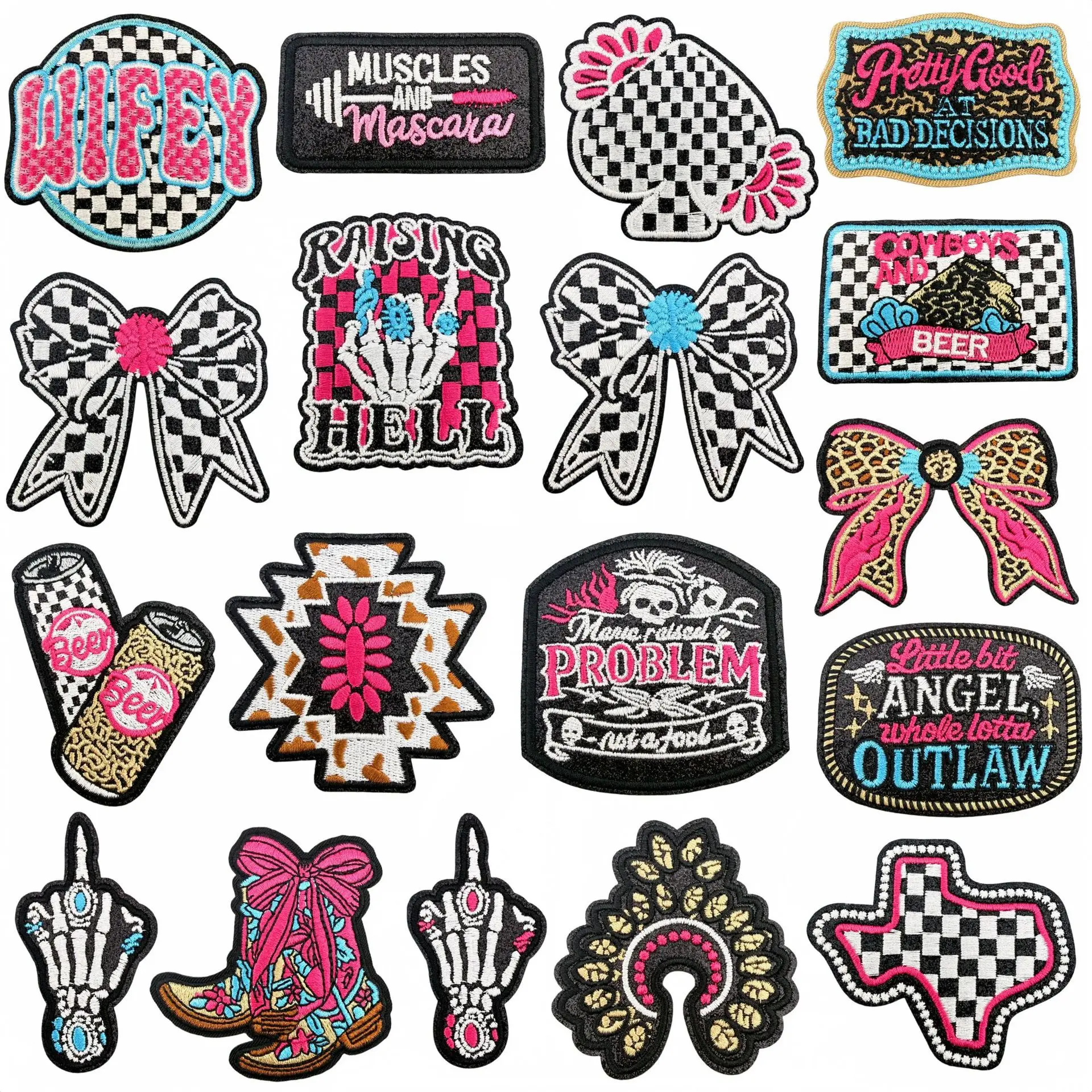 10Pcs Western Cowgirl Mixed Embroidery Iron On Patches,Skeleton Checkered Bow Cowboy Boot Slogan Applique for Clothes Trucker Ha