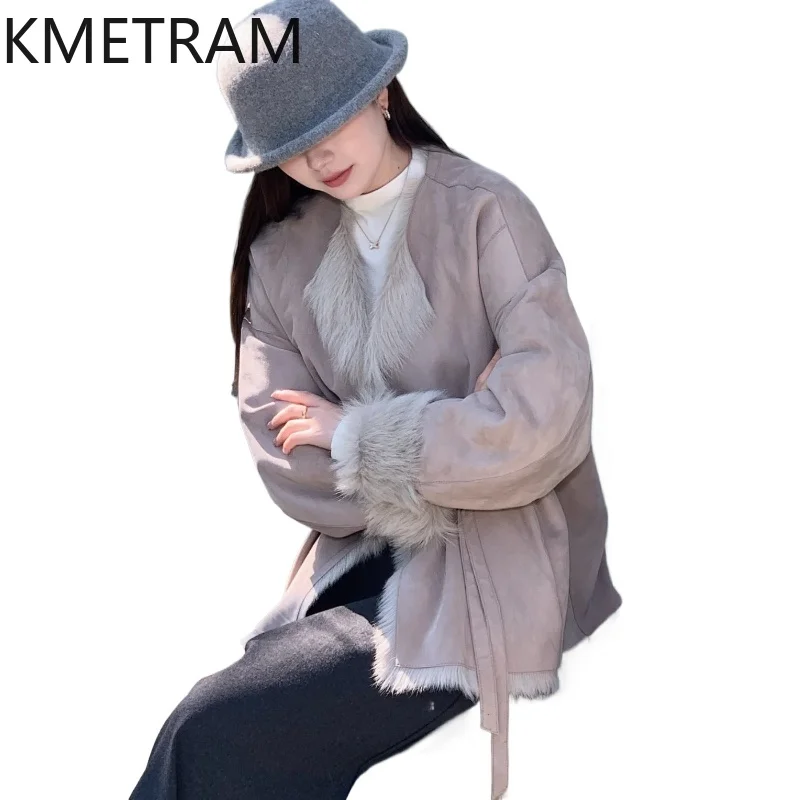 KMETRAM 100% Natural Goat Sheepskin with Wool Atttached Fur Coat Lacing Casual Medium Clothes for Woman 2025 Winter fourrures
