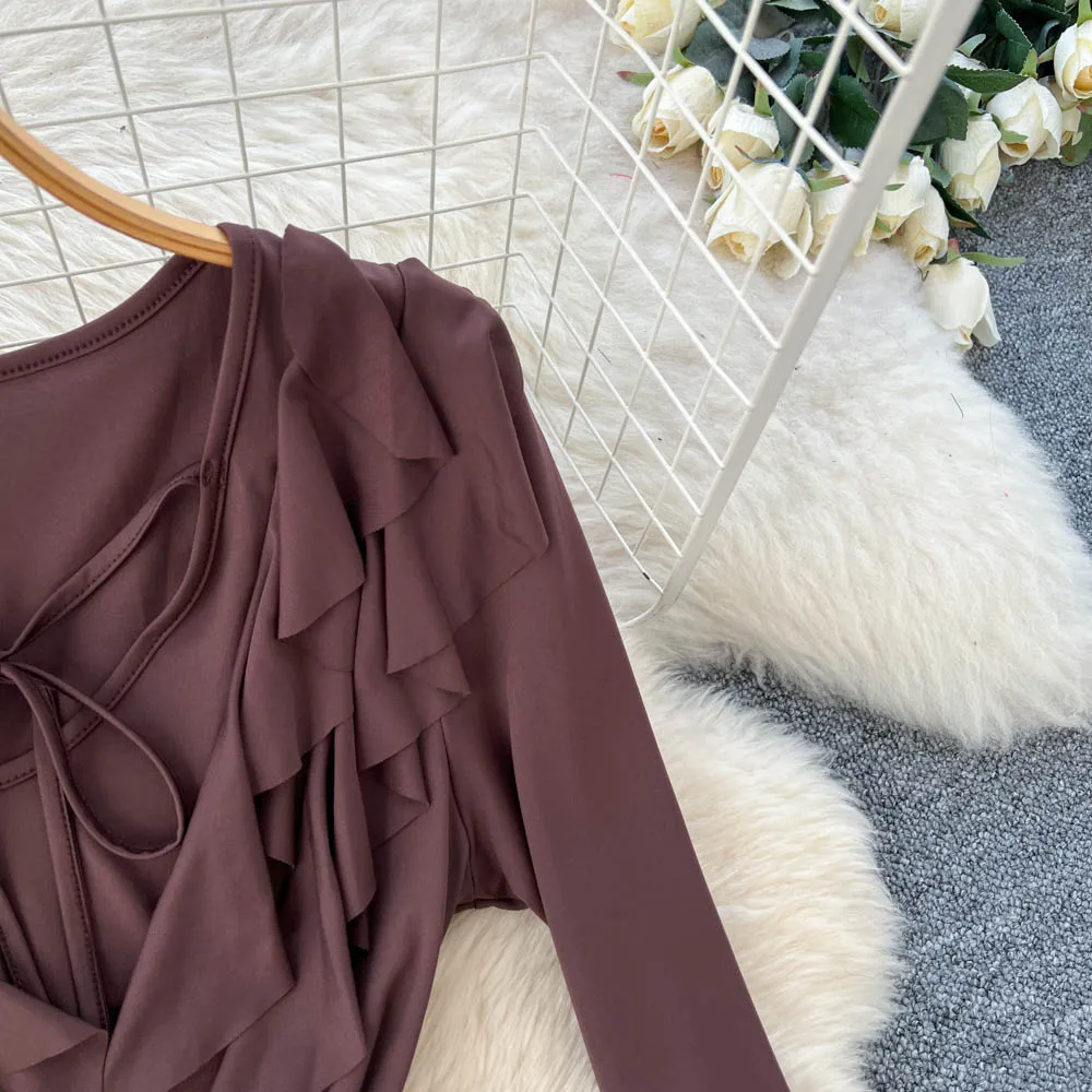 Vintage à volants à manches longues mince élégant fée mode coréenne Boho robe d'été femmes vêtements robe longue