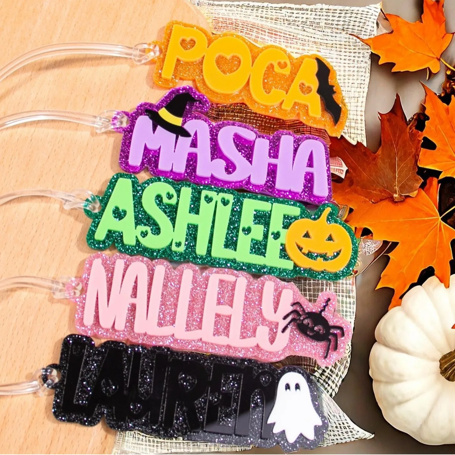 Custom Glitter Acrylic Halloween Name Keychain Personalized Name Tag Ghost Pumpkin Spider Witch Hat Keyring Gift Backpack Charm