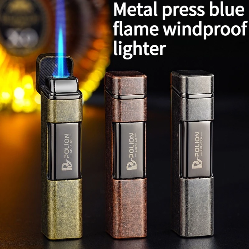 New Metal Press Blue Flame Straight Forward Windproof Inflatable Lighter Personalized Men's Gift