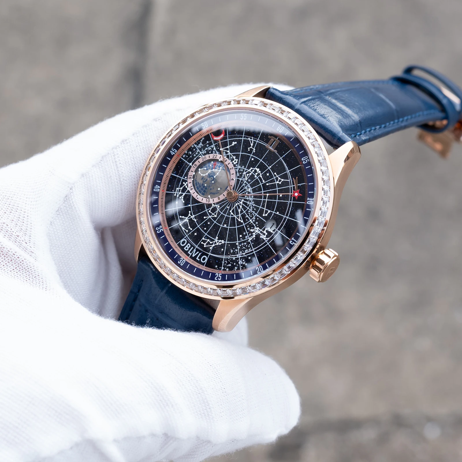 OBLVLO Men's Luxury Rose Gold Earth Star Mechanical Watch with Diamonds Bezel Blue Dial Automatic Leather Strap Timepiece GC-D